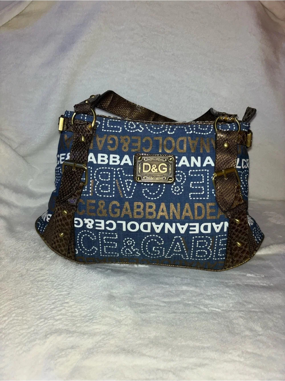 D&G Blue and White Logo Canvas Shoulder Bag with Brown Trim